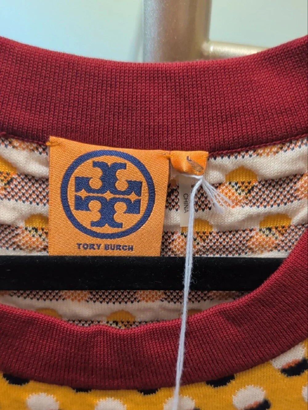 Tory Burch Yellow Dot Knit Short-Sleeve Top with Burgundy Trim